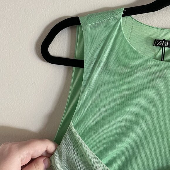 Zara Women XS Green Mesh Tulle Ruched Y2K Crew Neck Sleeveless Mini Dress - Picture 8 of 12